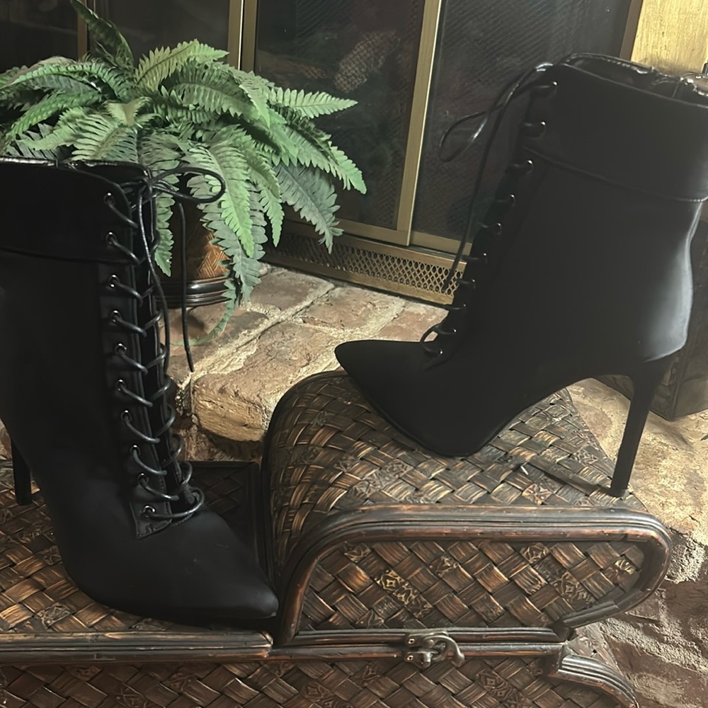 Lace Up Satin Black Bootie (Fashion Nova)